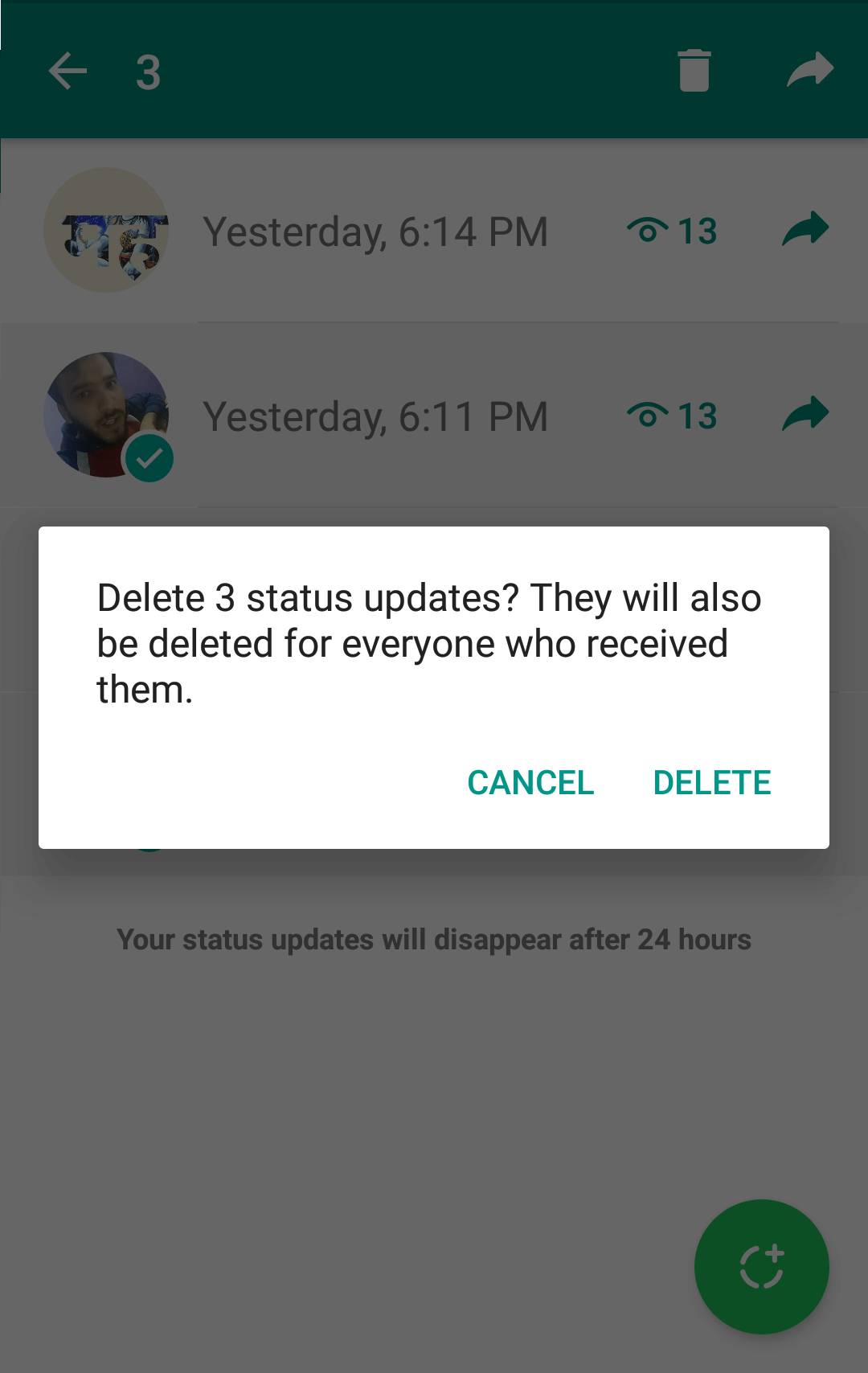 Whatsapp status delete feature
